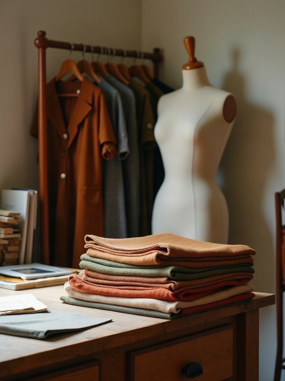 Office-atelier desk with fabric swatches and a dress form
