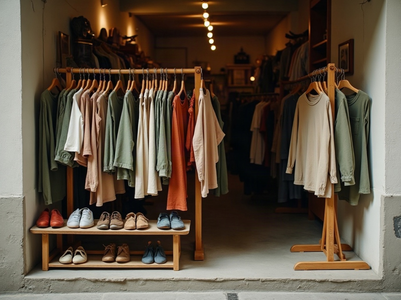 Family clothing shop with wooden racks and a low shoe shelf