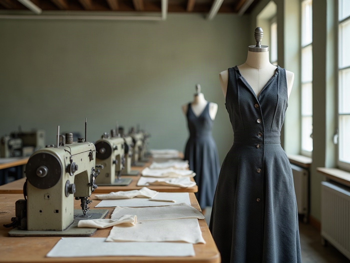 Industrial sewing machines and a dress form with pinned muslin