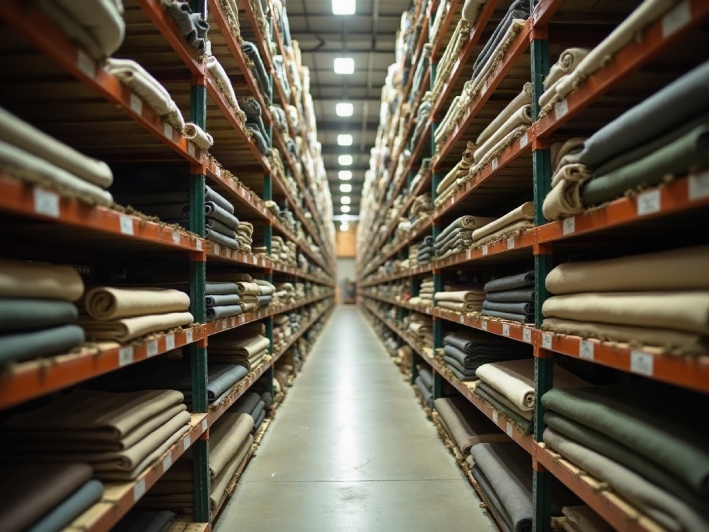 Aisle of fabric bolts on warehouse shelves
